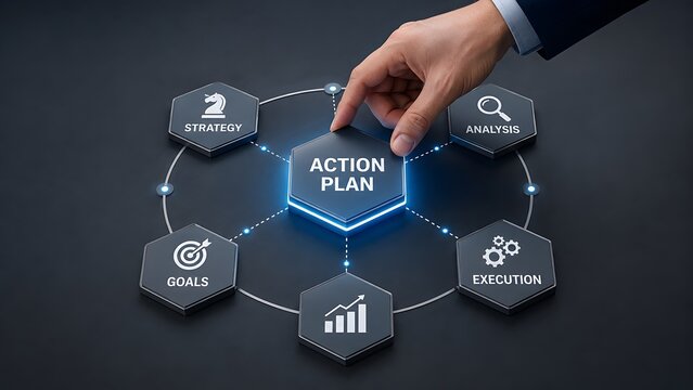 Hand connecting central action plan module with business strategy analysis and project execution concepts for corporate success