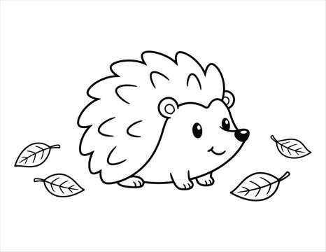Cute little hedgehog surrounded by autumn leaves in a simple black and white line art coloring page design