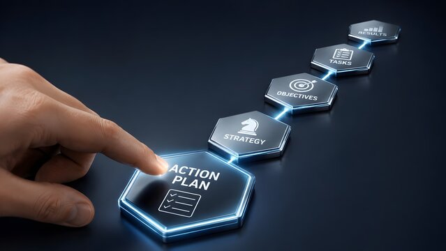 Hand pressing action plan button initiating business strategy objectives and tasks workflow sequence