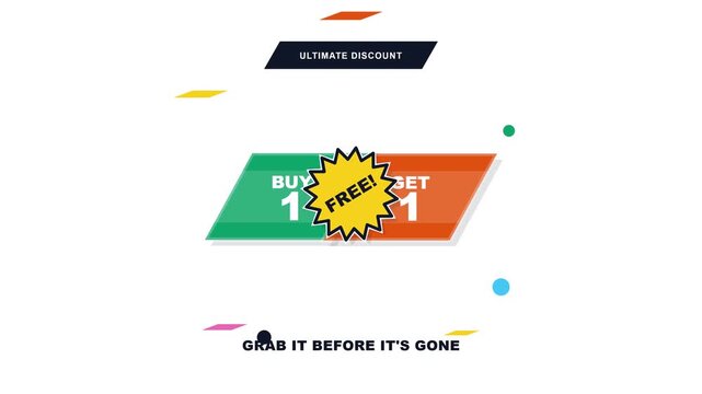 Ultimate Discount Buy One Get One Free Promotional Graphic Design Banner Featuring Vibrant Geometric Shapes and Bold Text Elements for Retail Sales