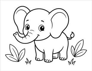 Cute baby elephant standing in the grass for a fun and creative educational animal theme coloring page project © Salma