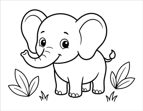 Cute baby elephant standing in the grass for a fun and creative educational animal theme coloring page project