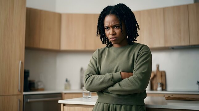 Upset young African American woman standing in the kitchen with arms crossed.