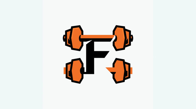 Letter F with dumbbell fitness logo vector set. Modern gym and workout logo in orange and black color. Symbol of strength, muscle, training, bodybuilding and healthy lifestyle. Clean flat vector desig