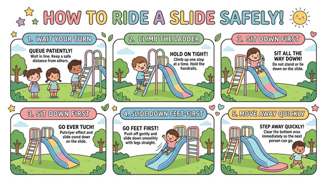 Educational Playground Slide Safety Rules Infographic for Kids Cartoon Illustration