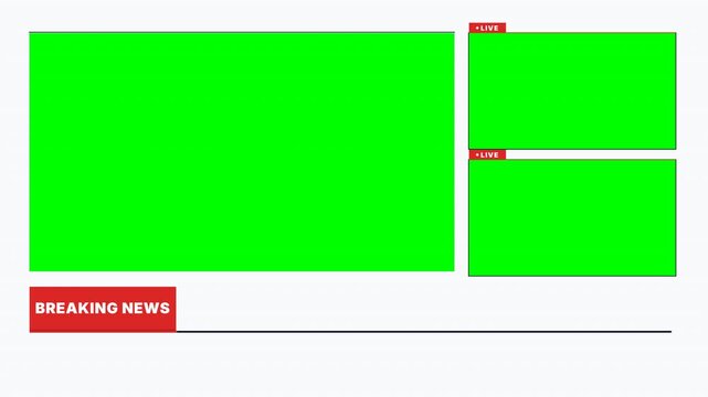 Breaking news graphic template featuring triple green screen display windows for custom video content insertion during live broadcast news segments