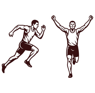 Two male athletes running sprinting and celebrating in motion  athletic men in action