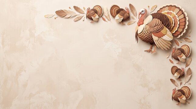Decorative thanksgiving turkey and autumn elements arranged on beige textured background with thanksgiving feathers background celebration decoration greeting