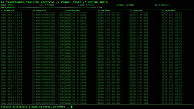 AI Transformer Neural Network Training Terminal Dashboard Deep Learning Technology Background.