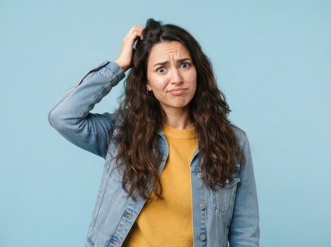 Confused young woman scratching her head with a puzzled expression