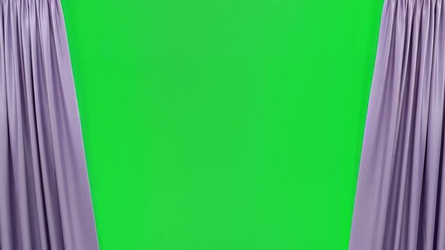 Lavender stage curtains opening transition on green screen background