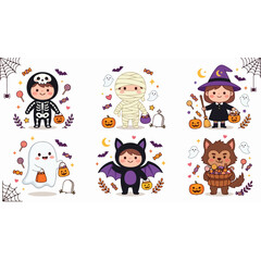 Obraz premium Cute Halloween Children Characters Set in Costumes with Pumpkin Candy Buckets and Spooky Decorations