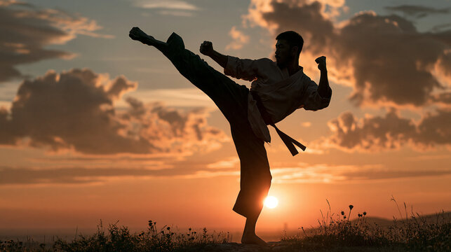 Martial Arts Mastery: A determined martial artist performs a powerful high kick against a dramatic sunset sky, showcasing discipline and strength in this dynamic silhouette.