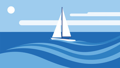 Naklejka premium Beautiful white sailboat glides smoothly on deep blue ocean waves under a bright sun and clean clouds.