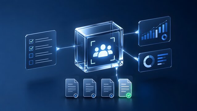Centralized digital hub displaying user group icon connected to data analytics panels representing human resources software and customer relationship management