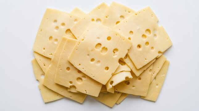 A stack of swiss cheese slices with holes isolated on white background