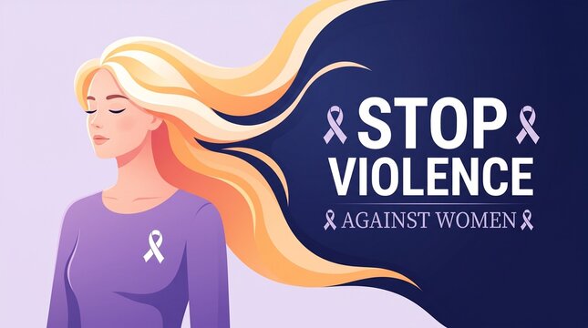 Woman wearing ribbon advocating stop violence against women