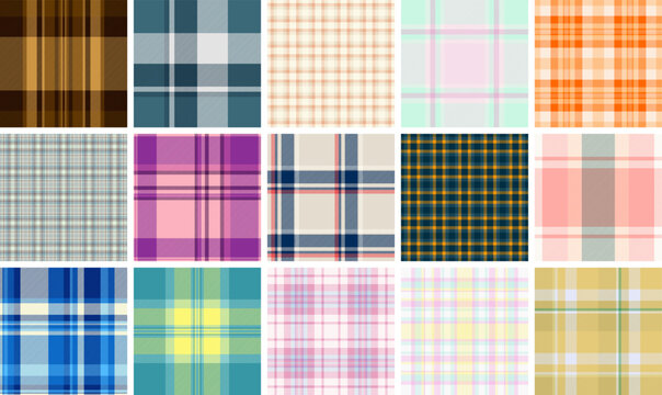 Plaid bundle for cohesive Valentines and Womens Day styling. Classic tartan structure supports themed collections. Vector geometry stays accurate.