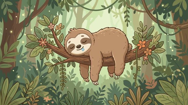 Cute cartoon sloth sleeping peacefully on a tree branch in a lush green jungle