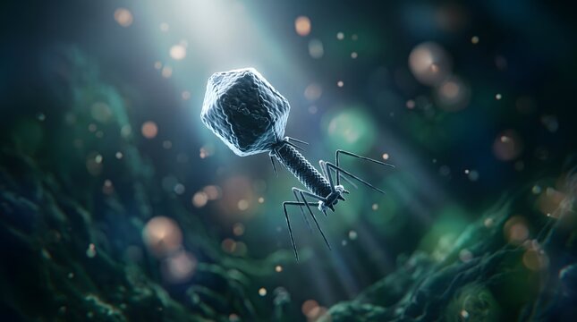 Microscopic Bacteriophage Virus Attacking Bacteria in a Dark Environment.
