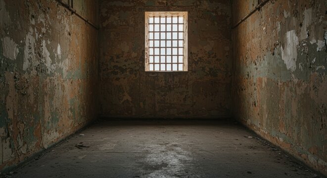 Empty prison cell with barred window and cracked walls