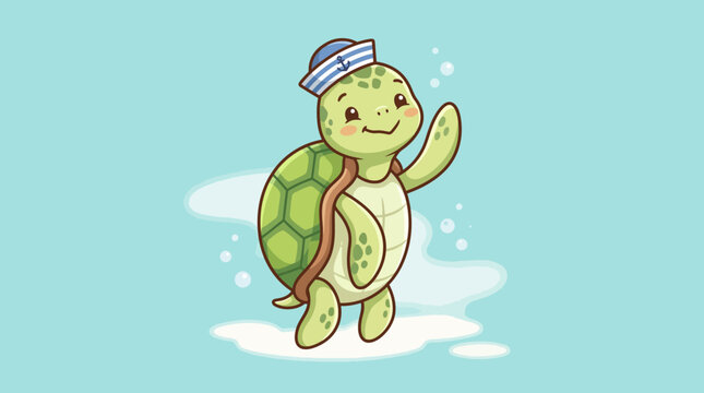 Adorable baby turtle wearing a blue sailor cap waving its flipper in the ocean