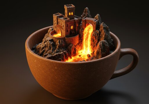 Fantasy castle with lava inside large coffee cup