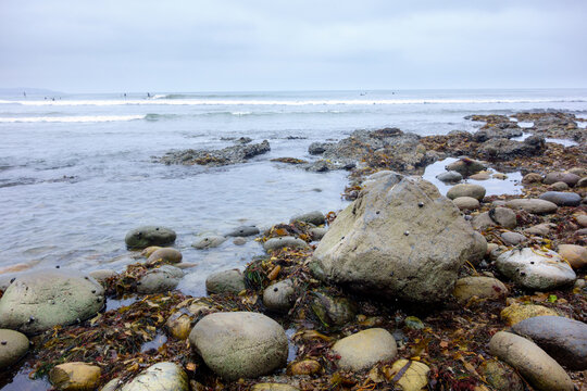 Rocky shoreline with tide pools uncovered during low tide under an overcast sky along the Pacific beach, San Diego, CA