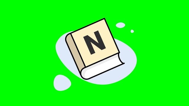 Animated book icon with letter N on green screen background