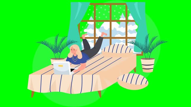 Animated woman working on laptop while lying on bed in winter room