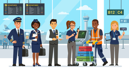 Obraz premium Diverse airport staff working together in a modern terminal with planes outside
