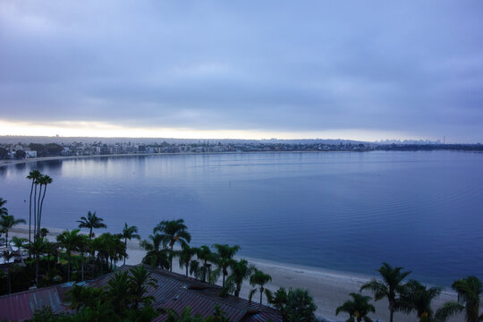 Bird-eye overlooking of Sail bay under a cloudy sky in the early morning, San Diego, CA