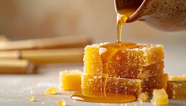 Thick Golden Jaggery Syrup Pouring over Palm Sugar Blocks on Table
