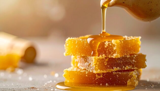 Thick Golden Jaggery Syrup Pouring over Traditional Indian Sugar Cubes on Table