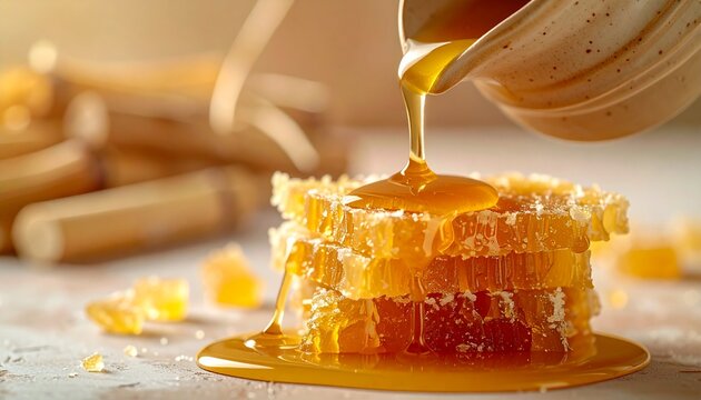 Thick Golden Jaggery Syrup Pouring over Traditional Palm Sugar Blocks in Warm Lighting