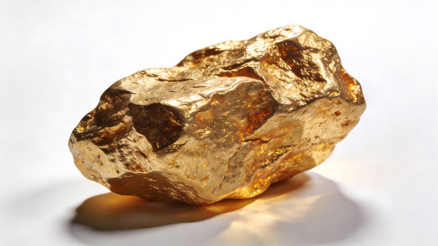 Large natural gold nugget resting on white studio background with soft shadow