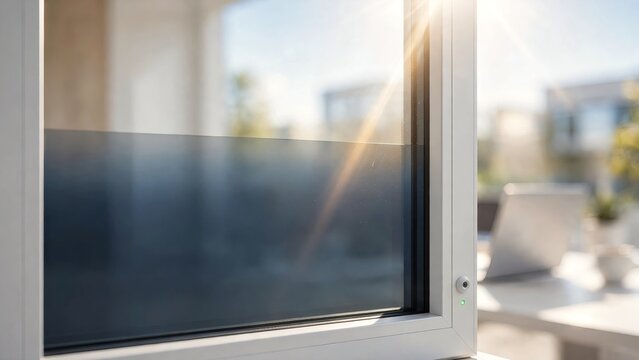 Close up of a smart window featuring electrochromic glass transitioning from clear to dark tinted for privacy and sun glare reduction in a modern home or office