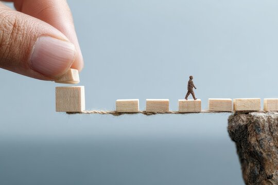 Miniature figure walking across a precarious wooden bridge made of connected blocks, held together by thin rope, with a hand adding a block to the bridge