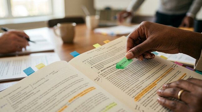 Hand placing a sticky flag on a page during a consultation file review, legal consultation concept