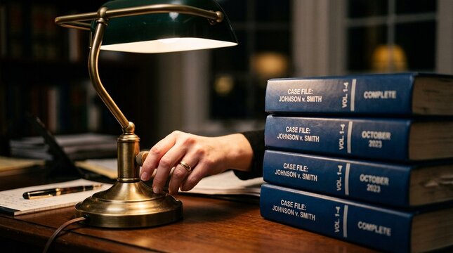 Hand turning off a desk lamp beside a stack of completed legal binders, business law concept