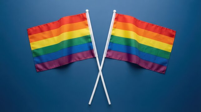 Two crossed rainbow pride flags on white poles against a solid blue background