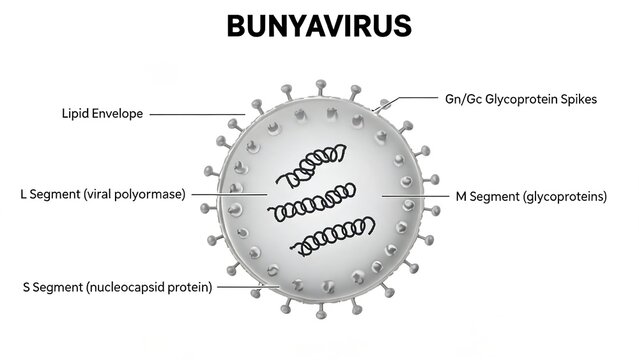 Bunyavirus structure 3D diagram, cutaway view showing segmented RNA genome, lipid envelope and Gn Gc glycoprotein spikes