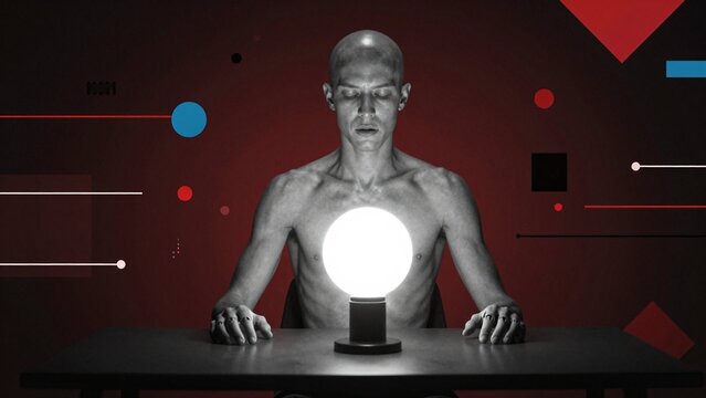 Man with Glowing Orb Against Geometric Background in Red Setting