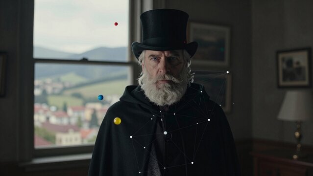 Mystical Scholar with Planetary Geometry in Study Room