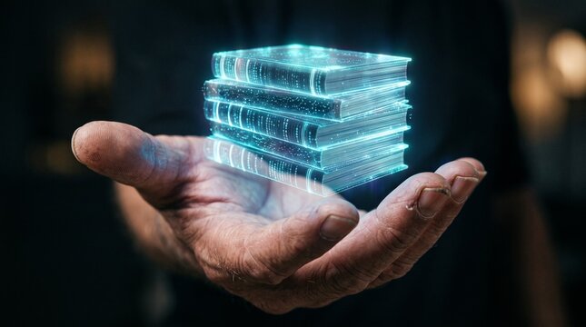 Futuristic digital library concept with glowing holographic stack of books hovering over a human hand for online education technology