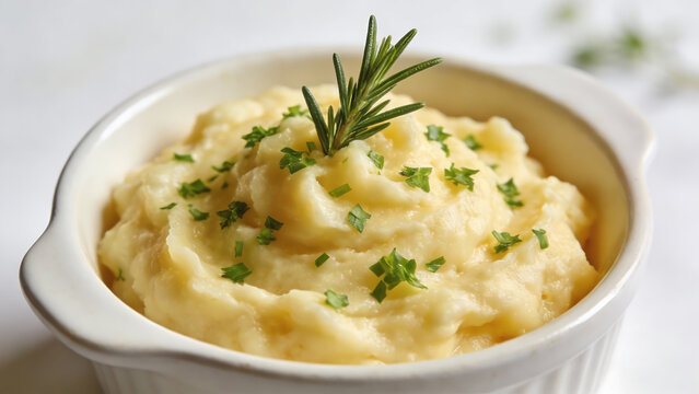 Creamy mashed potatoes in a white ceramic bowl garnished with rosemary and chopped parsley