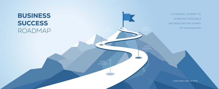 Road to business success concept with winding path leading to flag on mountain peak. Vector Illustration for business growth, goal achievement, leadership and strategy.