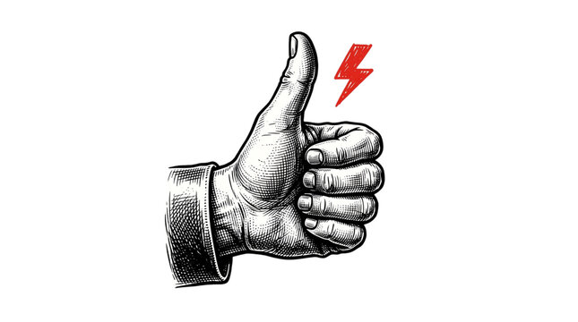 Vintage engraved hand giving thumbs up with lightning isolated on transparent background