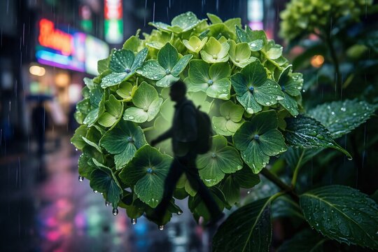 Silhouette of a person walking inside a giant green hydrangea