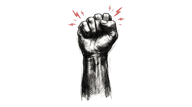 Raised clenched fist with energy lines protest symbol isolated on transparent background